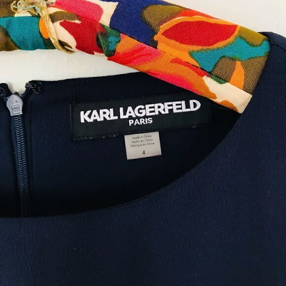 Karl Lagerfeld Paris | Navy Chiffon Sleeve crepe sheath dress | size 4 - Picture 2 of 10